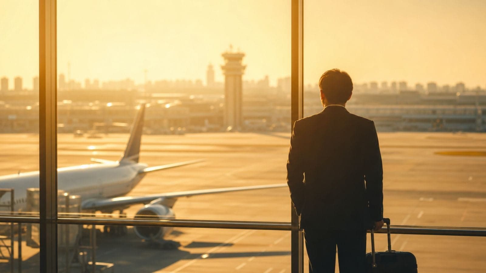a person with luggage in front of a private jet