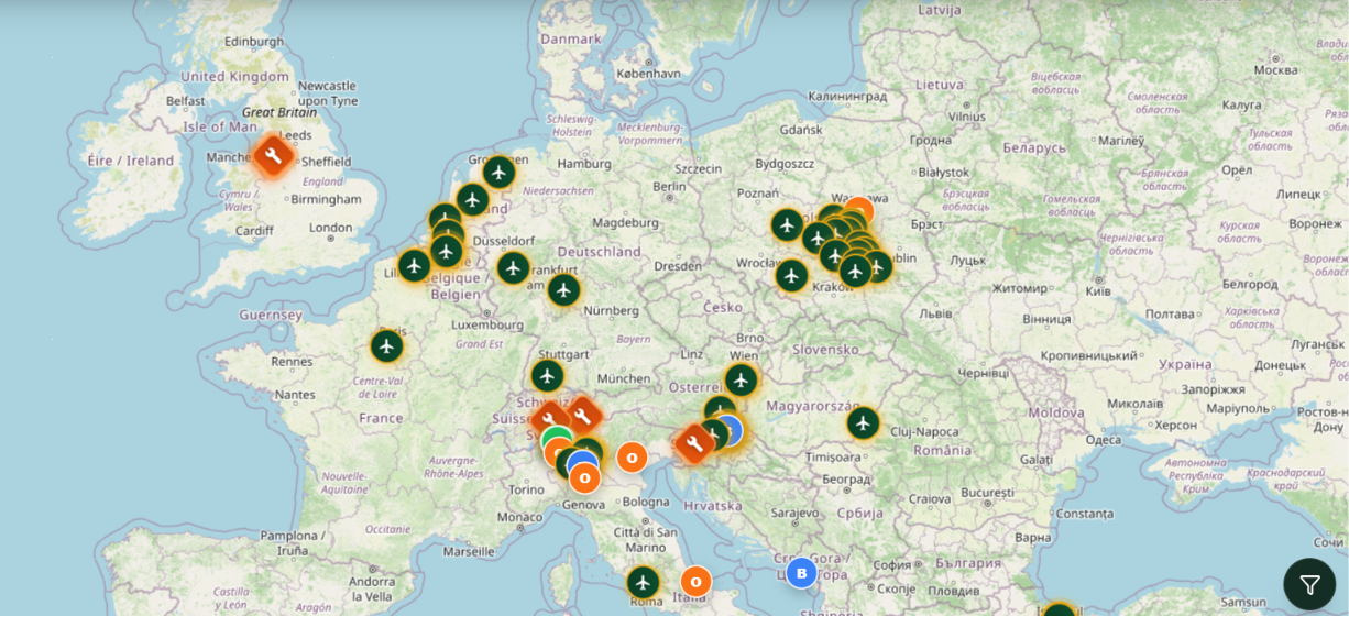 Screenshot of the SkyDeals Europe live aircraft map showing aircraft listings pinned across Europe